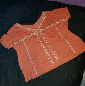 Old Navy Coral Pink Embroidered Wide V-Neck Tee